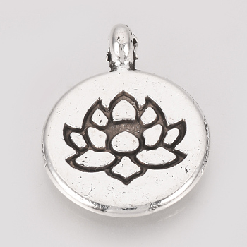Tibetan Style Alloy Pendants, Flat Round with Lotus, Cadmium Free & Lead Free, Antique Silver, 19.5x15x2mm, Hole: 1mm, about 540pcs/1000g