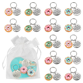 24Pcs Opaque Resin Donut & Alloy Flat Round with Quote Word Keychains, with Iron Split Key Rings, Platinum, 49mm