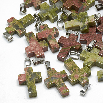 Natural Unakite Pendants, with Stainless Steel Snap On Bails, Cross, 29~30x18~19x5~6mm, Hole: 6x4mm