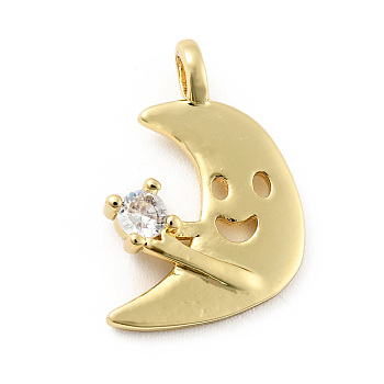 Moon with Smiling Face Brass Micro Pave Clear Cubic Zirconia Pendants, Cadmium Free & Lead Free, Golden, 17x13x2.5mm, Hole: 1.6mm