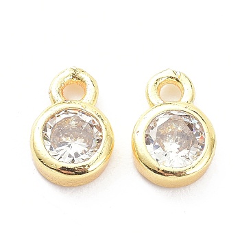 Brass Micro Pave Clear Cubic Zirconia Charms Pendants, Long-Lasting Plated, Flat Round, Real 18K Gold Plated, 8x5x2mm, Hole: 1.2mm