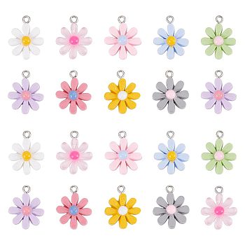 54Pcs 9 Styles Opaque & Transparent Resin Pendants, Daisy Flower Charms, with Platinum Plated Iron Loops, Mixed Color, 20.5~21.5x16.5~17.5x5~5.5mm, Hole: 2mm, 6pcs/style