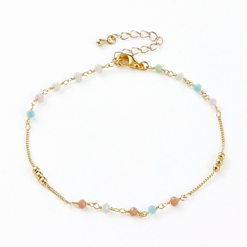 Faceted Glass Beaded Anklets, with Brass Beads and Lobster Claw Clasps, Round, Real 18K Gold Plated, Colorful, 9-7/8 inch(25.1cm)