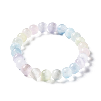 Macaron Color Dyed Natural Selenite Round Beaded Stretch Bracelet, Colorful, Inner Diameter: 2-1/8 inch(5.4cm)