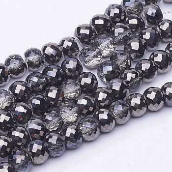 Electroplate Transparent Glass Beads Strands, Half Plated, Faceted, Drum, Black Plated, 8x6mm, Hole: 1mm, about 40pcs/strand, 9.4 inch