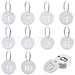 10Pcs 304 Stainless Steel Pendants & Kaychain Clasp, Flat Round with Number 1~10, Stainless Steel Color, 23x1mm, Hole: 2.8mm(STAS-SC0021-27A)