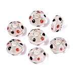Handmade Lampwork Core European Beads, Large Hole Beads, Rondelle with Dot Pattern, with Brass Core, Clear, 13.5~14.5x7~8mm, Hole: 4.5mm(LAMP-Q042-02A)