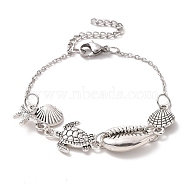 Shell & Starfish & Turtle Alloy Charm Bracelet for Women, Platinum, 8-3/8 inch(21.2cm)(BJEW-JB09354)