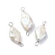 Natural Baroque Pearl Keshi Pearl Copper Wire Wrapped Connector Charms, Cultured Freshwater Pearl Rhombus Links, Platinum, 24~28x9~11.5x4.5~6mm, Hole: 3mm(PALLOY-JF02085-02)