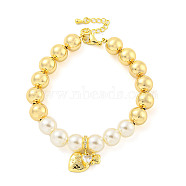 Rack Plating Round Brass & ABS Imitation Pearl Beaded Bracelets, Heart Charm Bracelets for Women, Cadmium Free & Lead Free, Long-Lasting Plated, Real 18K Gold Plated, 7-7/8 inch(20cm)(BJEW-P322-15G)