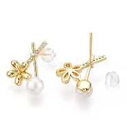 Natural Pearl Stud Earrings, Flower Brass Micro Pave Clear Cubic Zirconia Earrings with 925 Sterling Silver Pins, Real 18K Gold Plated, 17x14mm, Pin: 12.5x0.8mm(PEAR-N020-05S)