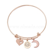 Heart & Sun & Moon Adjustable 304 Stainless Steel Charm Bangles for Women, Rose Gold, Inner Diameter: 2-1/2 inch(6.45cm)(BJEW-JB10553)