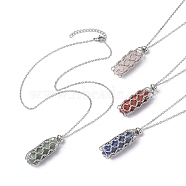 Natural Mixed Gemstone Bullet Pendant Necklaces, 304 Stainless Steel Chains Macrame Pouch Necklace, Stainless Steel Color, 16.93~17.44 inch(43~44.3cm)(NJEW-JN04529-01)