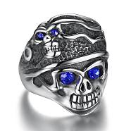 Rhinestone Skull Finger Ring, Antique Silver Plated 316L Surgical Steel Gothic Punk Jewelry for Men Women, Sapphire, US Size 14(23mm)(SKUL-PW0002-037H-AS)