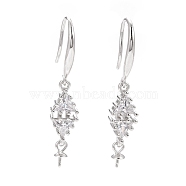 925 Sterling Silver Earring Hooks, with Clear Cubic Zirconia, Rhombus, for Half Drilled Beads, Platinum, 34mm, Pin: 0.7mm and 0.6mm, Tray: 6x3mm(STER-D035-36P)