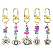Synthetic Turquoise Chips Pendant Decorations, with Alloy Swivel Clasps and Alloy Rhinestone Pendant, Flat Round/Eye/Flower with Evil Eye, Golden, 76~82mm(HJEW-JM01221)