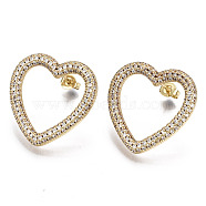 Brass Micro Pave Clear Cubic Zirconia Stud Earrings, with Ear Nuts, Heart, Nickel Free, Real 16K Gold Plated, 25x25mm, Pin: 0.8mm(EJEW-T046-012G-NF)