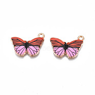 Printed Alloy Pendants, Cadmium Free & Nickel Free & Lead Free, Light Gold, Butterfly, Pearl Pink, 15x20x1.5mm, Hole: 1.8mm(PALLOY-N168-004F)