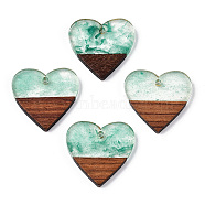 Transparent Resin & Walnut Wood Pendants, with Glitter Powder, Heart Charms, Light Sea Green, 24x25x3.5~4mm, Hole: 2mm(RESI-ZX017-29)