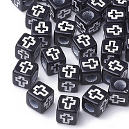 Craft Style Acrylic Beads, Cube with Cross, Black, 6x6x6mm, Hole: 3mm, about 3000pcs/500g(MACR-Q226-01B)
