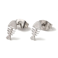 Non-Tarnish 304 Stainless Steel Stud Earrings for Women, Fish Bone, Stainless Steel Color, 9x4.5mm(EJEW-Z066-09P)