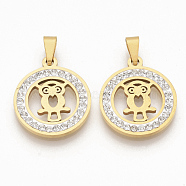 201 Stainless Steel Pendants, with Random Size Snap On Bails and Polymer Clay Crystal Rhinestones, Flat Round with Owl, Golden, 23x20x2~3mm, Hole: 8~10x3~5mm(STAS-N089-47G)