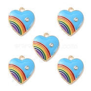 Alloy Enamel Pendant, with Rhinestone, Heart with Rainbow Charm, Deep Sky Blue, 20x18x3.5mm, Hole: 2mm(ENAM-YW0002-36E)