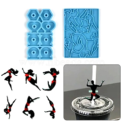 Exercising Women Shaped Straw Topper Silicone Statue Molds Sets, Portrait Sculpture Resin Casting Molds, for Portrait Sculpture UV Resin & Epoxy Resin Craft Making, Deep Sky Blue, 100~108x58~77x4~6.7mm, Inner Diameter: 19~50x21~36mm, 2pcs/set(DIY-L067-I02)