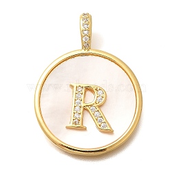 Rack Plating Brass Micro Pave Clear Cubic Zirconia Pendants with Shell, Letter Series Charms, Long-Lasting Plated, Lead Free & Cadmium Free, Letter R, 32x24x3.5mm, Hole: 6x3mm(KK-M309-42G-R)