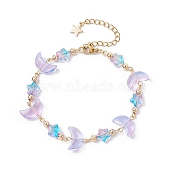 Moon & Star Glass Beaded Bracelet with 304 Stainless Steel Clasps, Lilac, 7-3/4 inch(19.7cm)(BJEW-JB09957)