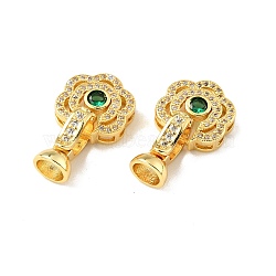 Rack Plating Brass Micro Pave Clear & Green Cubic Zirconia Fold Over Clasps, Cadmium Free & Lead Free, Long-Lasting Plated, Flower, Golden, Flower: 13.5x13.5mm, Clasp: 14x7mm, Inner Diameter: 4.8mm(KK-E034-32G)
