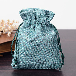 Polyester Imitation Burlap Packing Pouches Drawstring Bags, Medium Sea Green, 12x9cm(X-ABAG-R005-9x12-07)