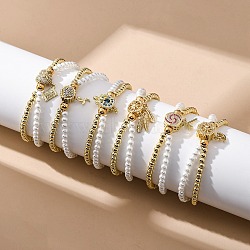 Brass Multi-strand Bracelets, Rhinestone Charms Bracelets for Women, Ion Plating(IP), Real 18K Gold Plated, with Plastic Pearl & 304 Stainless Steel Lobster Clasp, Mixed Shapes, 7-3/8 inch(18.7cm)+28mm extender(BJEW-M056-01G)