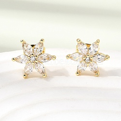 Flower Brass Micro Pave Clear Cubic Zirconia Stud Earrings, Rack Plating, Long-Lasting Plated, Cadmium Free & Lead Free, Real 18K Gold Plated, 11.5x12.5mm(EJEW-D355-05G)