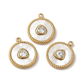 304 Stainless Steel Pave Crystal Rhinestone Pendants with Shell, Flat Round with Triangle Charms, Real 14K Gold Plated, 18.5x15.5x3mm, Hole: 1.6mm