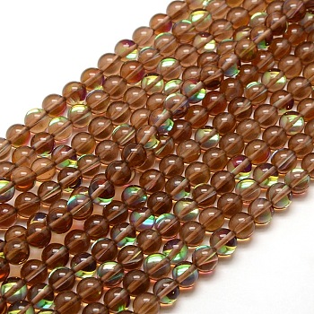 Synthetic Moonstone Beads Strands, Dyed, Holographic Beads, Half AB Color Plated, Round, Coffee, 8mm, Hole: 1mm, about 49pcs/strand, 15 inch