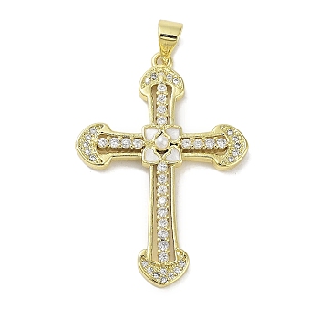 Rack Plating Brass Micro Pave Clear Cubic Zirconia Enamel Pearl
 Pendants, Lead Free & Cadmium Free, Long-Lasting Plated, Cross, 35x24.5x4mm, Hole: 4.5x3mm