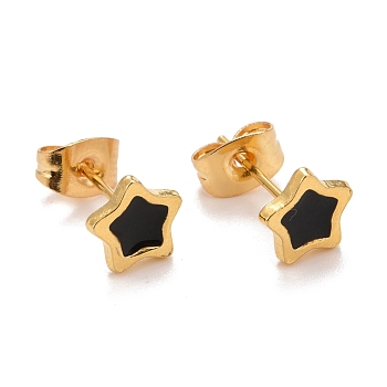 304 Stainless Steel Enamel Stud Earrings, with 316 Surgical Stainless Steel Pin, Golden, Star, Black, 7.5x7.5x2mm, Pin: 0.8mm