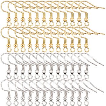 300Pcs 2 Style 304 Stainless Steel Earring Hooks, Ear Wire, with Horizontal Loop, Golden & Stainless Steel Color, 20~22x20~21x3mm, Hole: 2mm, Pin: 0.6~0.7mm, 150pcs/style