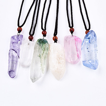 Natural Quartz Crystal Pendant Necklaces, with Random Color Polyester Cords, Dyed, Nuggets, Mixed Color, 26~29.9 inch(66~76cm)