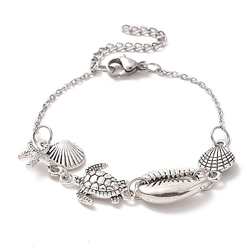 Shell & Starfish & Turtle Alloy Charm Bracelet for Women, Platinum, 8-3/8 inch(21.2cm)