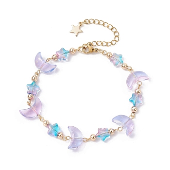 Moon & Star Glass Beaded Bracelet with 304 Stainless Steel Clasps, Lilac, 7-3/4 inch(19.7cm)