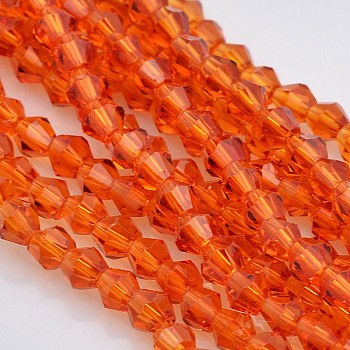 Faceted Bicone Glass Beads Strands, Orange Red, 3.5x3mm, Hole: 1mm, about 125~130pcs/strand, 13.8 inch