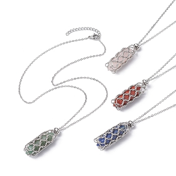 Natural Mixed Gemstone Bullet Pendant Necklaces, 304 Stainless Steel Chains Macrame Pouch Necklace, Stainless Steel Color, 16.93~17.44 inch(43~44.3cm)