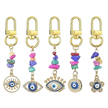 Synthetic Turquoise Chips Pendant Decorations, with Alloy Swivel Clasps and Alloy Rhinestone Pendant, Flat Round/Eye/Flower with Evil Eye, Golden, 76~82mm