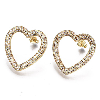 Brass Micro Pave Clear Cubic Zirconia Stud Earrings, with Ear Nuts, Heart, Nickel Free, Real 16K Gold Plated, 25x25mm, Pin: 0.8mm
