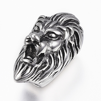 304 Stainless Steel Magnetic Clasps with Glue-in Ends, Lion Head, Antique Silver, 34x18.5x22mm, Hole: 8~10.5mm