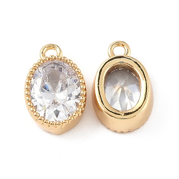 Brass with Clear Glass Pendants, Oval Charms, Real 18K Gold Plated, 11x7.5x4mm, Hole: 1.2mm