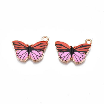 Printed Alloy Pendants, Cadmium Free & Nickel Free & Lead Free, Light Gold, Butterfly, Pearl Pink, 15x20x1.5mm, Hole: 1.8mm