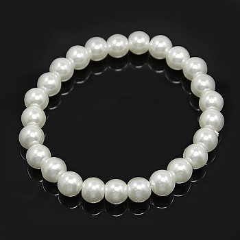 Stretchy Glass Pearl Bracelets, with Elastic Cord, White, 8x55mm